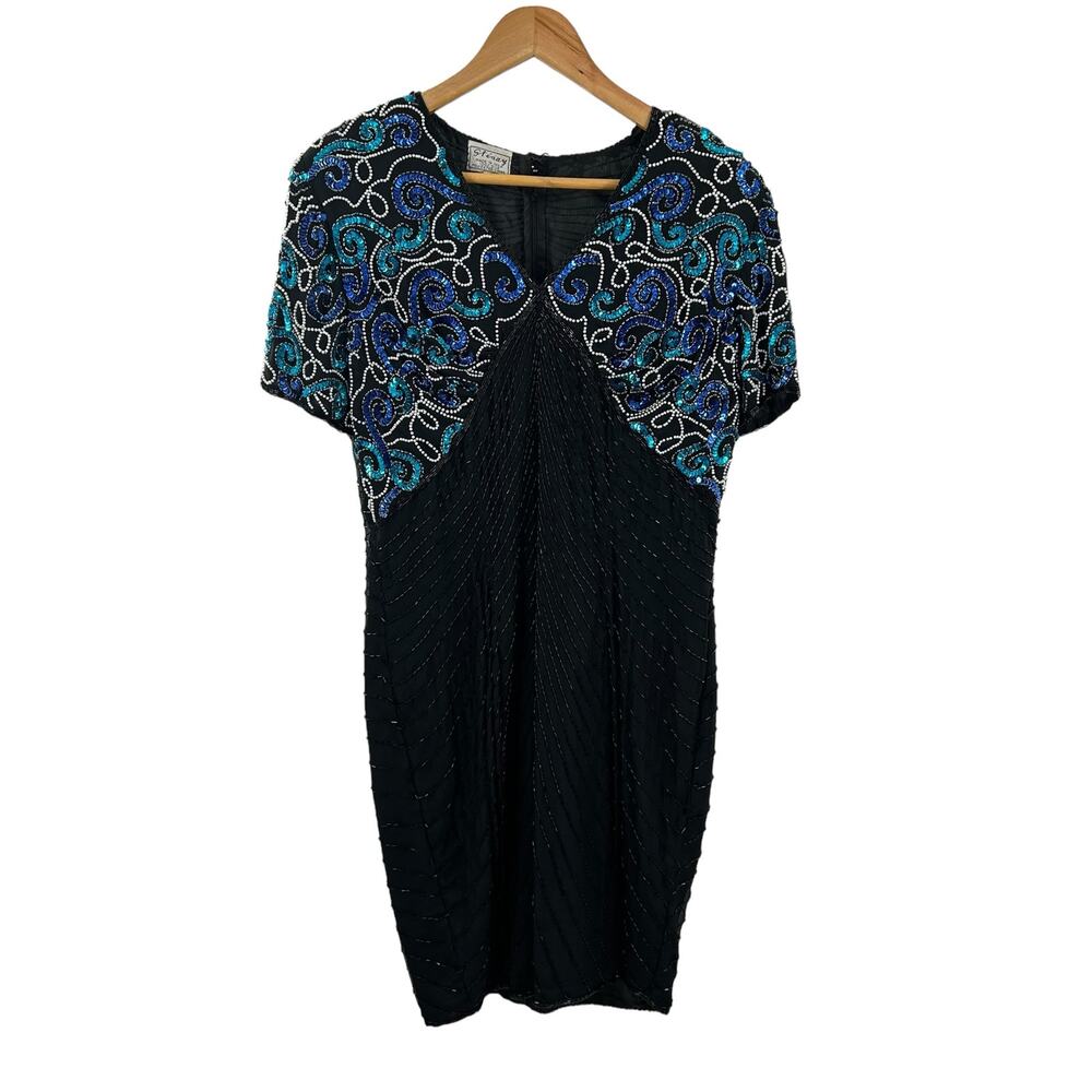 Stenay Silk Blue Sequin 80’s Black and Blue Cocktail Dress Size 14‎